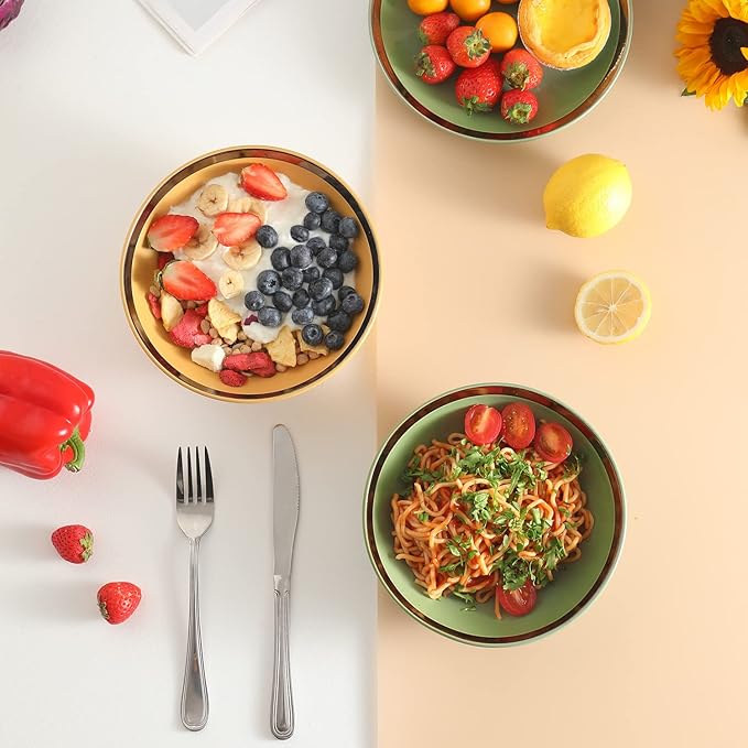 Bestone 16 Piece Round Kitchen Dinnerware Sets,Plates and Bowls sets,Dishes, Plates, Bowls, Mugs, Dish Set,Plates and Bowls,Service for 4, Stoneware (round, green and gold rim)