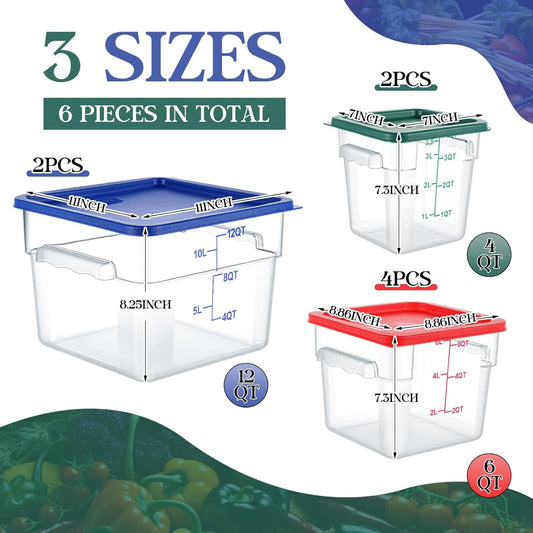 8 Set Square Food Storage Containers with Lid Contains 4 Pcs 6 Qt, 12 Quart and 4 Quart 2 Each, Clear Polycarbonate Commercial Food Storage Container Dough Proofing for Restaurant Home