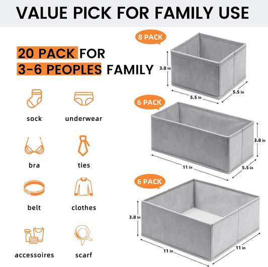 【FAMILY PACK】Drawer Organizer Clothes, 20 Pack Dresser Organizer Bins for Baby Clothes - Underwear Bra Sock Organizer - Fabric Closet Organization and Storage Dividers for Nursery Bedroom Dorm