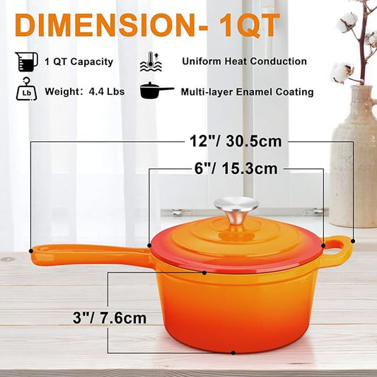 Enameled Cast Iron Sauce Pan with Lid, Leonyo 1 Quart Saucepan with Lid, Small Cast Iron Dutch Oven Kitchen Cookware Pot for All Cooktops Making Pasta, Soup, Milk - Up to 500°F & 4.4Lbs, Orange