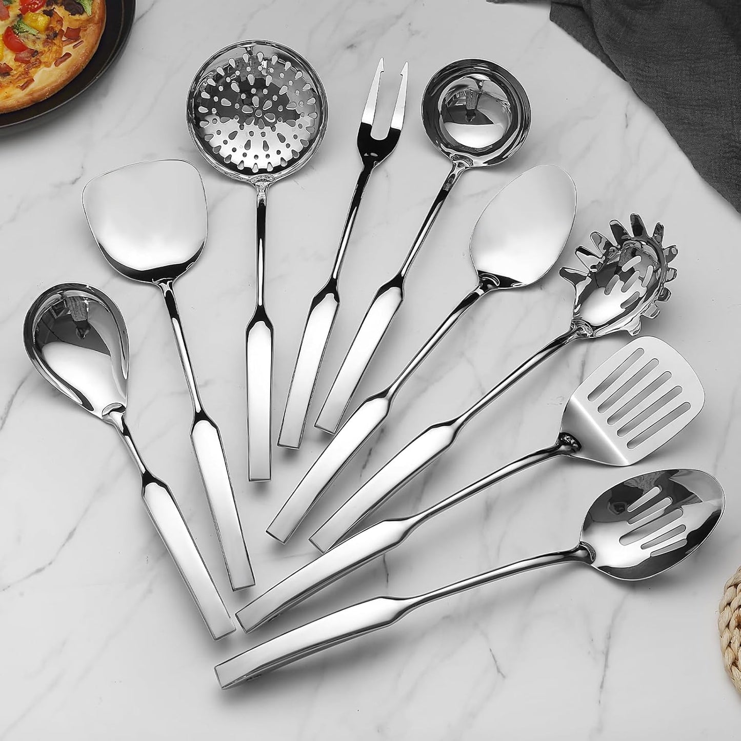 9PCS Silverware Set for 304 Stainless Steel Kitchen Utensils Set Cooking Utensil Set, 15 Inches All Metal Cooking Tools Wok Kitchen Cookware Set with Spatula Useful Pots and Pans Accessories