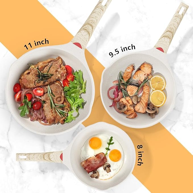 Caannasweis Nonstick Granite Frying Pan Skillet, Non Stick Omelette Fry Pans, Omelet Egg Pan, Stone Cookware Chef's Pan, Induction Compatible, PFOA Free (Beige, 3 Pcs)