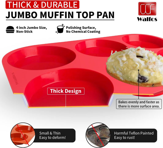 Walfos Silicone Muffin Top Pans for Baking 4inch Jumbo Size, Perfect Results Premium Non-Stick Bakeware Egg Baking Pan, Great for Eggs, Hamburger Bun, Muffin Top and More, Food Grade & BPA Free, 1pc