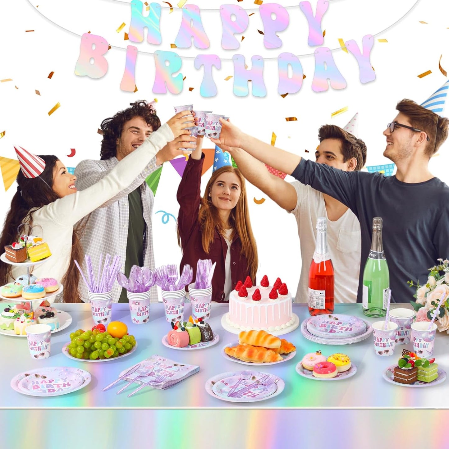 Sawysine 202 Pcs Iridescent Happy Birthday Party Supplies Disposable Dinnerware Set 50 Plates 25 Cups 25 Napkins 25 Plastic Forks 25 Knives 25 Spoons 25 Straw Flag Tablecloth to Serve 25 Guests