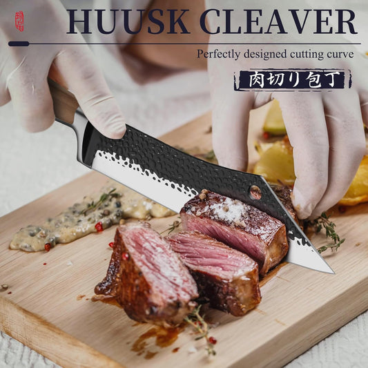 Huusk Meat Cleaver Knife Butcher Knife for Meat Cutting 8.3 inch Japanese Viking Knife Hand Forged Carving Knives for Slicing BBQ Kitchen Cooking with Present Box