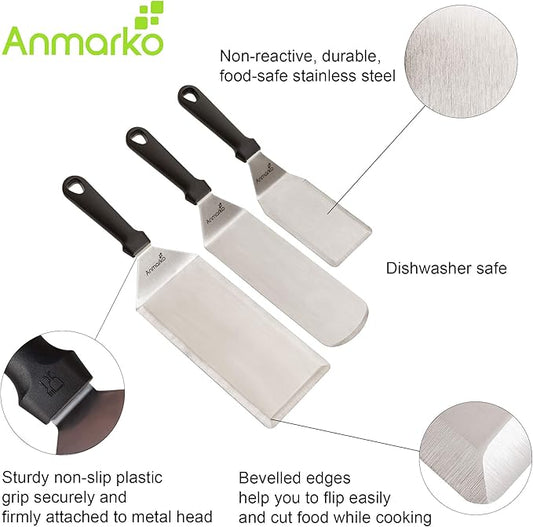 Anmarko Griddle Spatula Set - Stainless Steel Metal Spatula and Griddle Scraper - Heavy Spatula Griddle Accessories Great for Cast Iron Griddle BBQ Flat Top Grill - Commercial Grade
