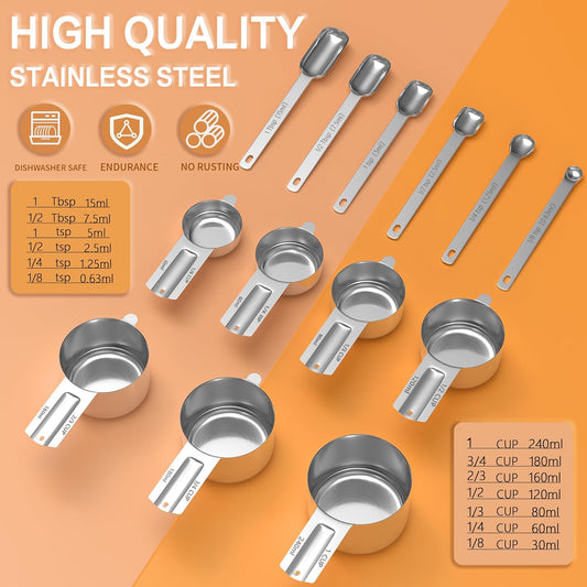 Stainless Steel Measuring Cups & Spoons Set for Cooking and Baking, Nesting Measuring Cups Measuring Spoons for Measuring Dry or Liquid Ingredients, Kitchen Gadgets, 13Pack