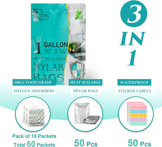 50pcs 1 Gallon Mylar Bags for Food Storage with Oxygen Absorbers 500CC (6 Packs of 10pcs) and Labels, 10 Mil 10"x14" Zipper Pouches Resealable and Heat Sealable for Long Term Food Storage (50 Bags)