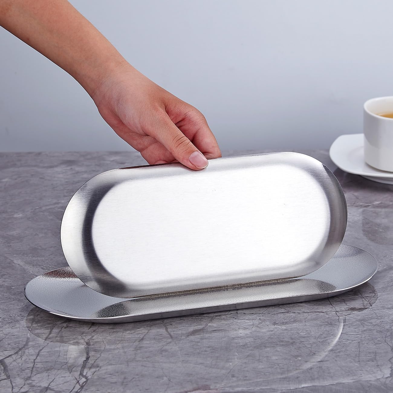 10X4 inch ellipse Appetizer Plates,thick stainless steel Dinner Plates, Pasta Dessert Plates for Sushi, Fruit oven/Dishwasher Safe, Set of 4,silver