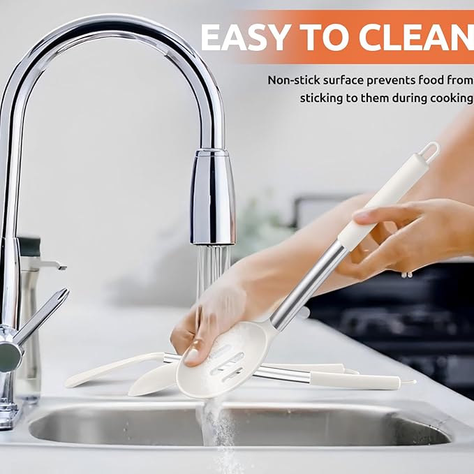 E-far Cooking Utensils Set of 4, Silicone Kitchen Utensils for Non-stick Cookware, Heat Resistant & Non-toxic Slotted Spatula Solid Spoon Turner for Flipping Mixing Serving Basting(White)