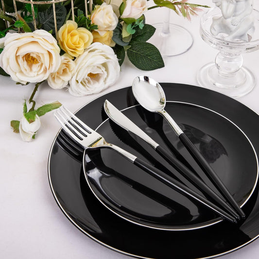 DaYammi 30 Guests Black Plastic Plates with Disposable Silverware,Silver Cutlery with Black Handle,black Disposable Dinnerware:60 Dinner/Dessert Plates,90 Plastic Silverware Set for Halloween Party