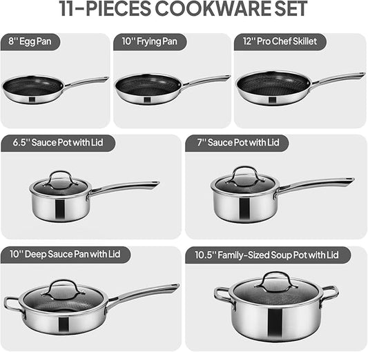 Bonnlo 11 Pieces Cookware Set, 3-Ply Stainless Steel Pots and Pans Set with Lids, Non-Toxic Kitchen Set, Oven & Dishwasher Safe, Induction Cooking Set, PFOA & PTFE Free (11 Nonstick Set)