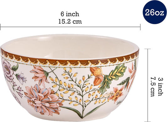 Bico Blooming Moment Cereal Bowls Set of 4, 26 oz Deep Ceramic Soup Bowls for Cereal, Salad, Noodles, Kitchen, Microwave and Dishwasher Safe, Gift for Housewarming and Thanksgiving