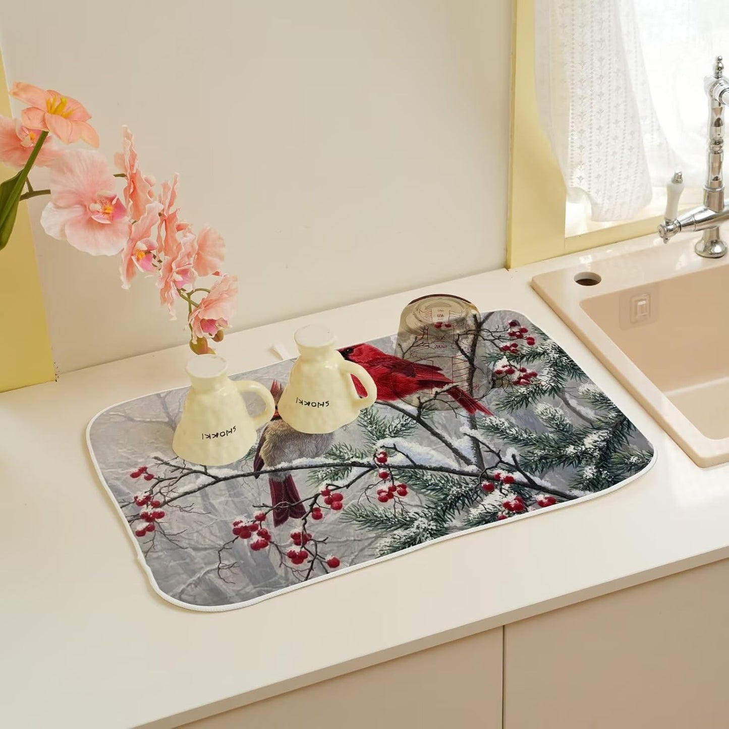 Winter Cardinal Bird Dish Drying Mat 18 x 24 inch Winter Snow Red Birds Pine Trees Decorative Drying Mats Microfiber Absorbent Holiday Dish Washable Draining Mat for Kitchen Counter Decor