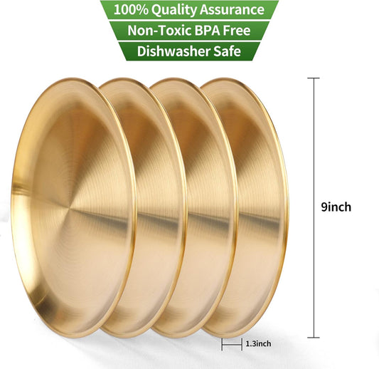 Stainless Steel Dinner Plate, 304Rutian 9" Metal Round Dinner Dishes for Adults, Reusable and Dishwasher Safe, Serving Camping Salad Plate for Home,Outdoor Camping, Snack,and BBQ,Set of 4