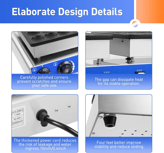 50pcs Mini Dutch Pancake Baker,1700W Commercial Kitchen Non-Stick Pans Electric Waffle Machine French Muffin Irons 50-300℃ Temp Control Portable 1.6 Inches Pancake Maker for Home and Restaurants