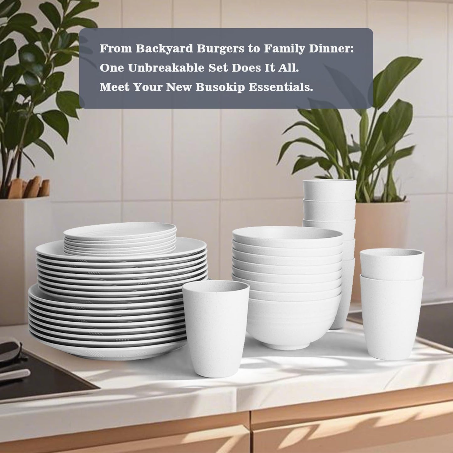 Wheat Straw Dinnerware Sets - 40 PCS Unbreakable Plates and Bowls Sets Service for 8 Kitchen Dishes Set, Dinner Plates, Cereal Bowls, Cups Set Camping Dish Dishwasher & Microwave Safe - White