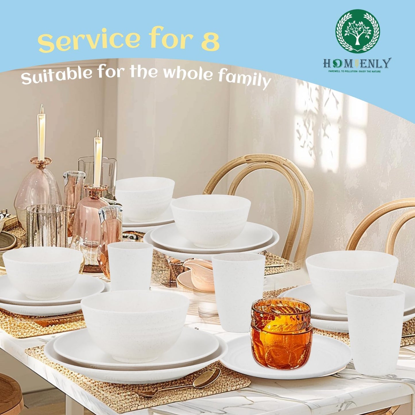 Homienly Wheat Straw Dinnerware Set,40-Piece Dish Set for 8, Dinner Plates, Dessert Plate, Cereal Bowls, Cups, Appetizer Plates,Reusable Dinner Plates Kids Plates and Bowls Sets, White