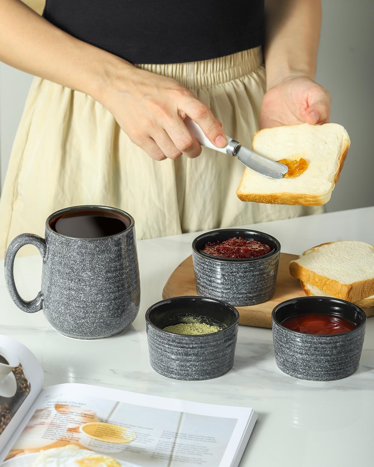 Hasense 6 oz Ramekins for Baking,Ceramic Souffle Dish Oven Safe Set of 6,Porcelain Dipping Sauce Bowls for Pudding, Creme Brulee, Souffle, Serving Dip, Custard, Ice Cream, Grey