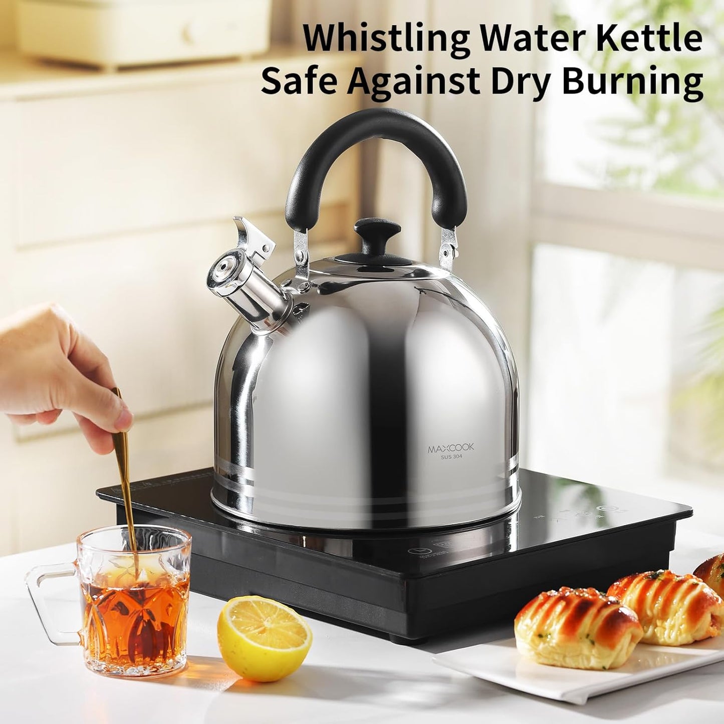 Whistling Tea Kettle for Stovetop, 5L Stainless Steel Tea pot Kettles,Striped frosted water pot, Large kettle teapot with Cool Touch Ergonomic Handle(Mirror Polish)