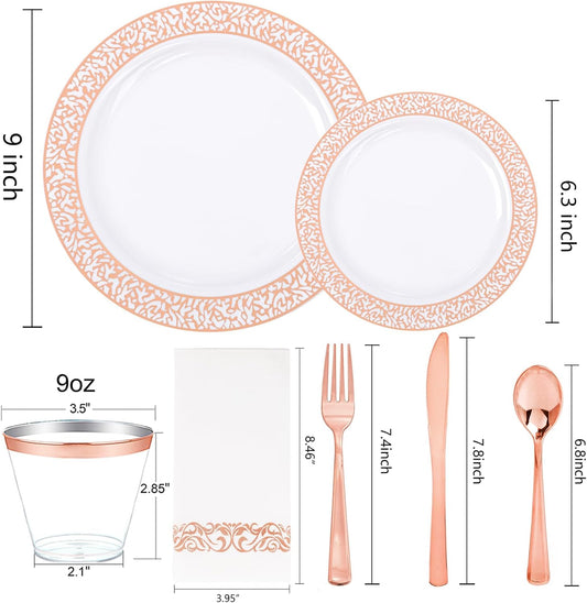 Festiva 350PCS Rose Gold Plastic Dinnerware Set - Disposable Lace Rose Gold Plates and Napkins Party Supplies - include plates,napkins,cups,silverware - Serve for 50 Guests Party&Wedding&Mother's Day