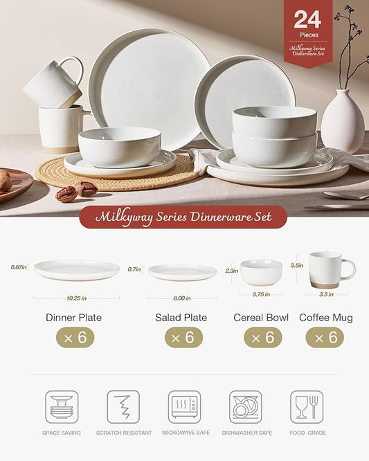Famiware Milkyway Stoneware Dinnerware Sets with Mugs, Service for 6 (24 Pieces), Plates and Bowls Sets -Scratch Resistant, Microwave and Dishwasher Safe Dishes Set, White