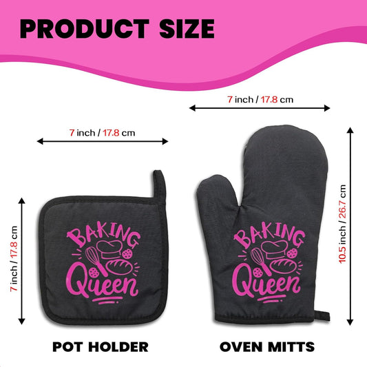 Funny Oven Mitts and Pot Holders(Set of 2) Baking Queen Oven Mitts for Kitchen Decor Silicone Non-Slip Oven Mitts Kitchen Gifts for Women Hostess Great Housewarming Gifts for Family Friend