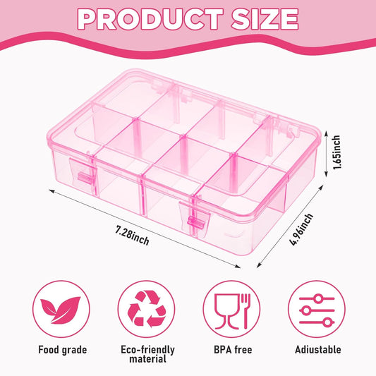 Thyle 1 Pcs Snack Box Container 8 Compartments Snack Containers Reusable Transparent Lunch Box Organizer Small Plastic Food Storage with Lids for Meal Prep School Work Travel (Pink)