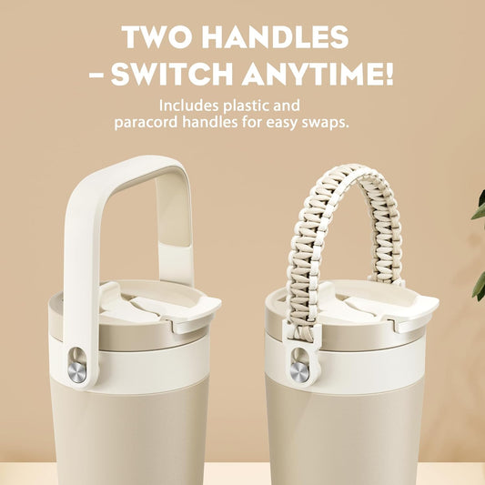 16 oz Insulated Coffee Mug for Office: 2-in-1 Straw Flip Lid, Keep Cold 24H, Fit in Car Cupholder, Leakproof, Stainless Steel Coffee Tumbler with Handle for Travel, Sports, Gifts and Home (Oat)