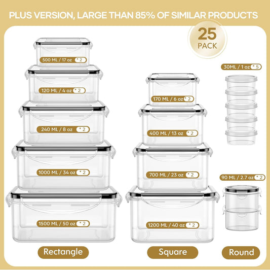 50-Piece Food Storage Containers with Lids (25 Containers & 25 Lids), Airtight Reusable Meal Prep Containers for Lunch, Plastic Kitchen Storage Containers with Labels & Marker Pen