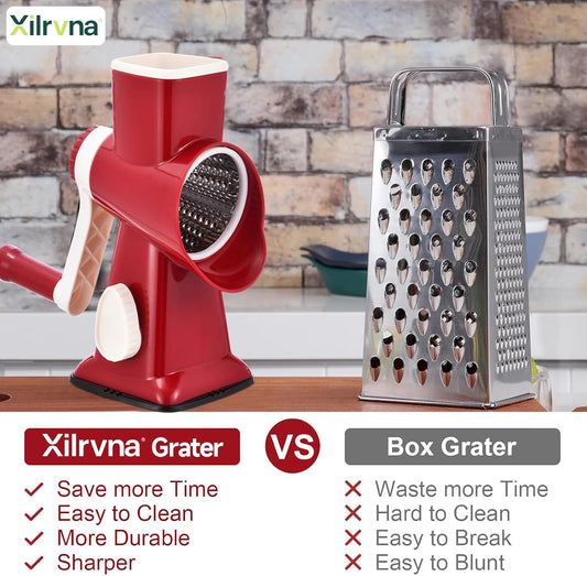Rotary Cheese Grater with Handle Kitchen Shredder Slicer Grater Slicer Ice Shaver Cheese Vegetable Nuts Potato Zucchini Chocolate 3 Interchangeable Blades (RedWhite)