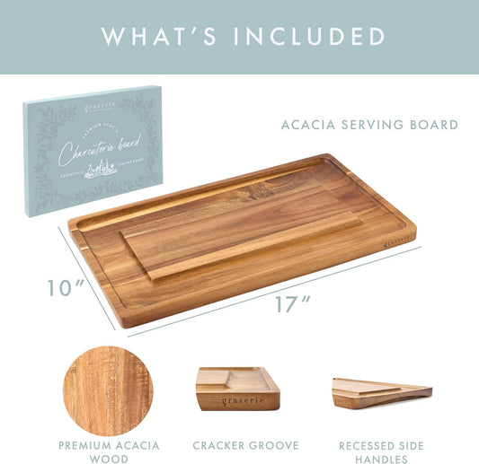 Charcuterie Board - Acacia Cheese Board with Grooves & Built-in Handles, Snack Tray for Vegetables, Fruits, Meat, Nuts - Decorative Wooden Serving Tray for Kitchen House Warming Gift