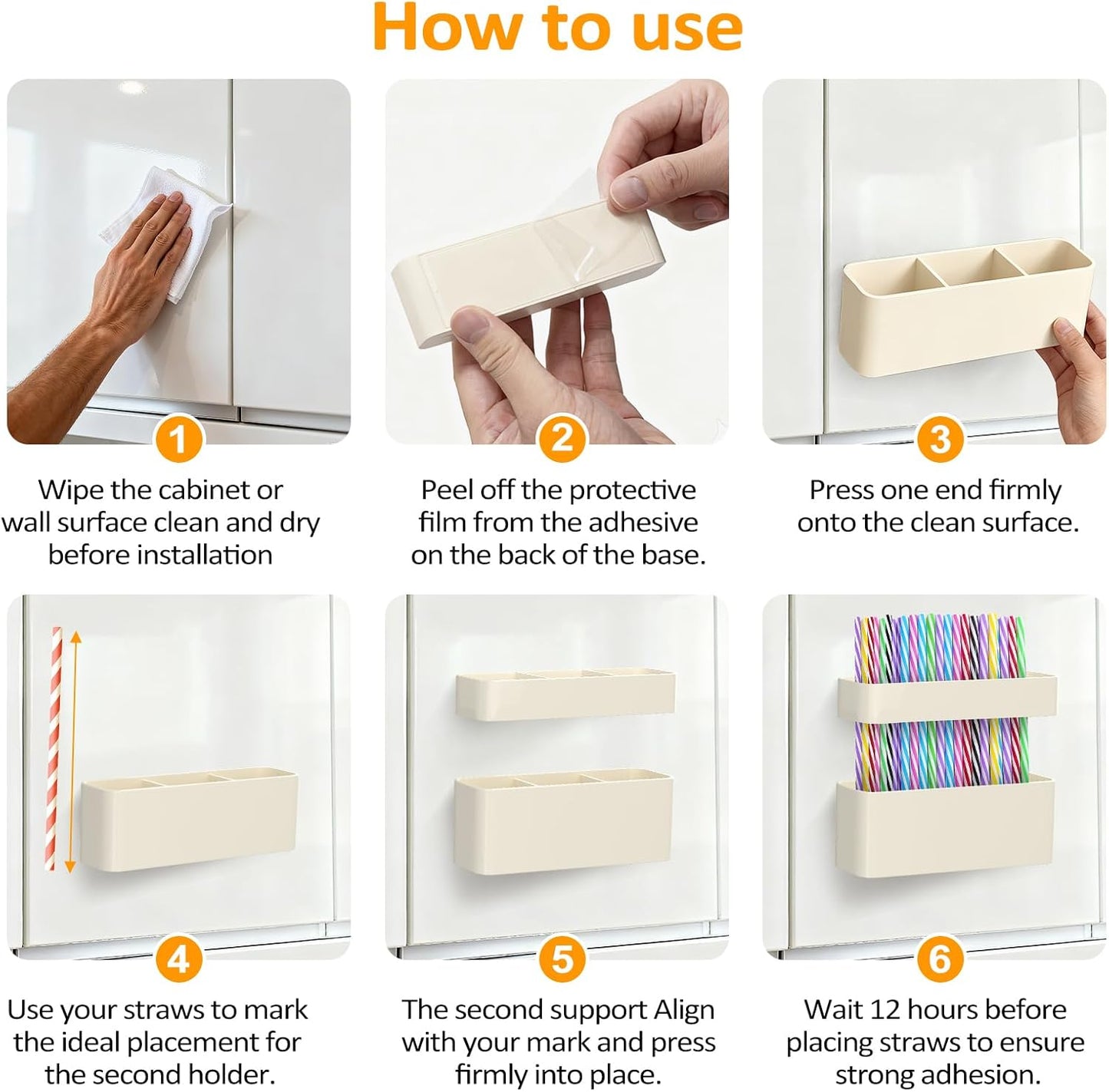 2-Pack Silicone Straw Holder for Cabinet Door,Reusable Adhesive Container for Kitchen Storage Solutions, Cupboard Organizer and Space Saving Hacks (White)