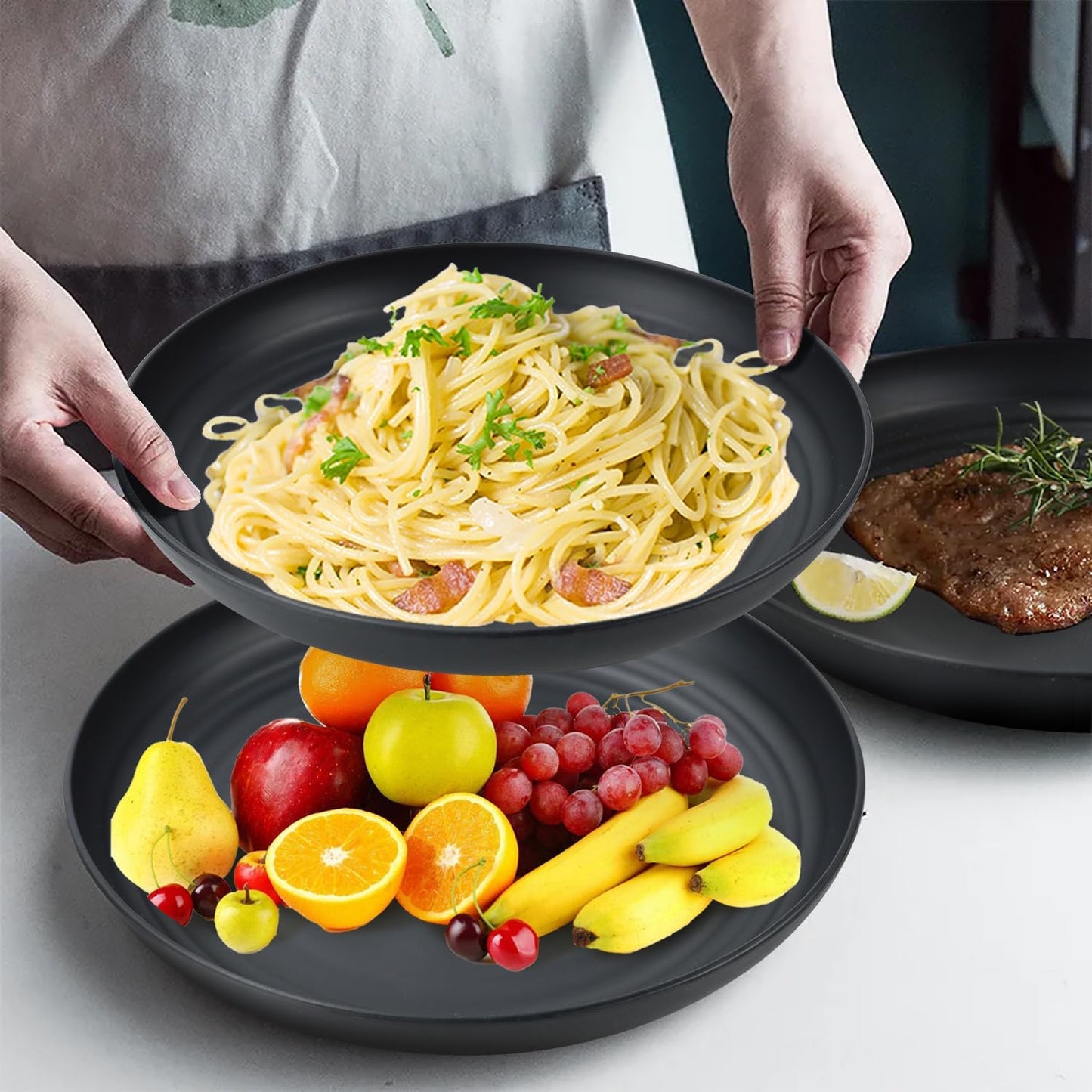 Wheat Straw Plates Set of 8, 9 Inch Dinner Plate for Camping, Picnic, Unbreakable Plastic Plates Reusable, Microwave & Dishwasher Safe Kitchen Plate for Breakfast, Lunch (Black)