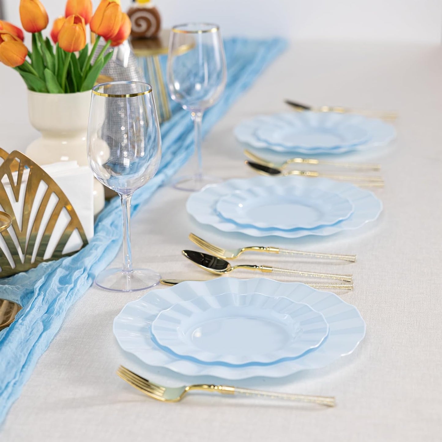 72 Pack Blue Plastic Plates, 7" Disposable Wave Salad/Dessert Plates Elegant Heavy Duty Plate for Party, Wedding, Thanksgiving, Christmas