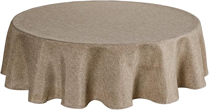 JIUZHEN Round Table Cloth Faux Linen Farmhouse Tablecloth Wrinkle and Stain Resistant Decorative Fabric Table Cover for Kitchen, Dining Room, Parties and Camping, Khaki, 80 Inch Round