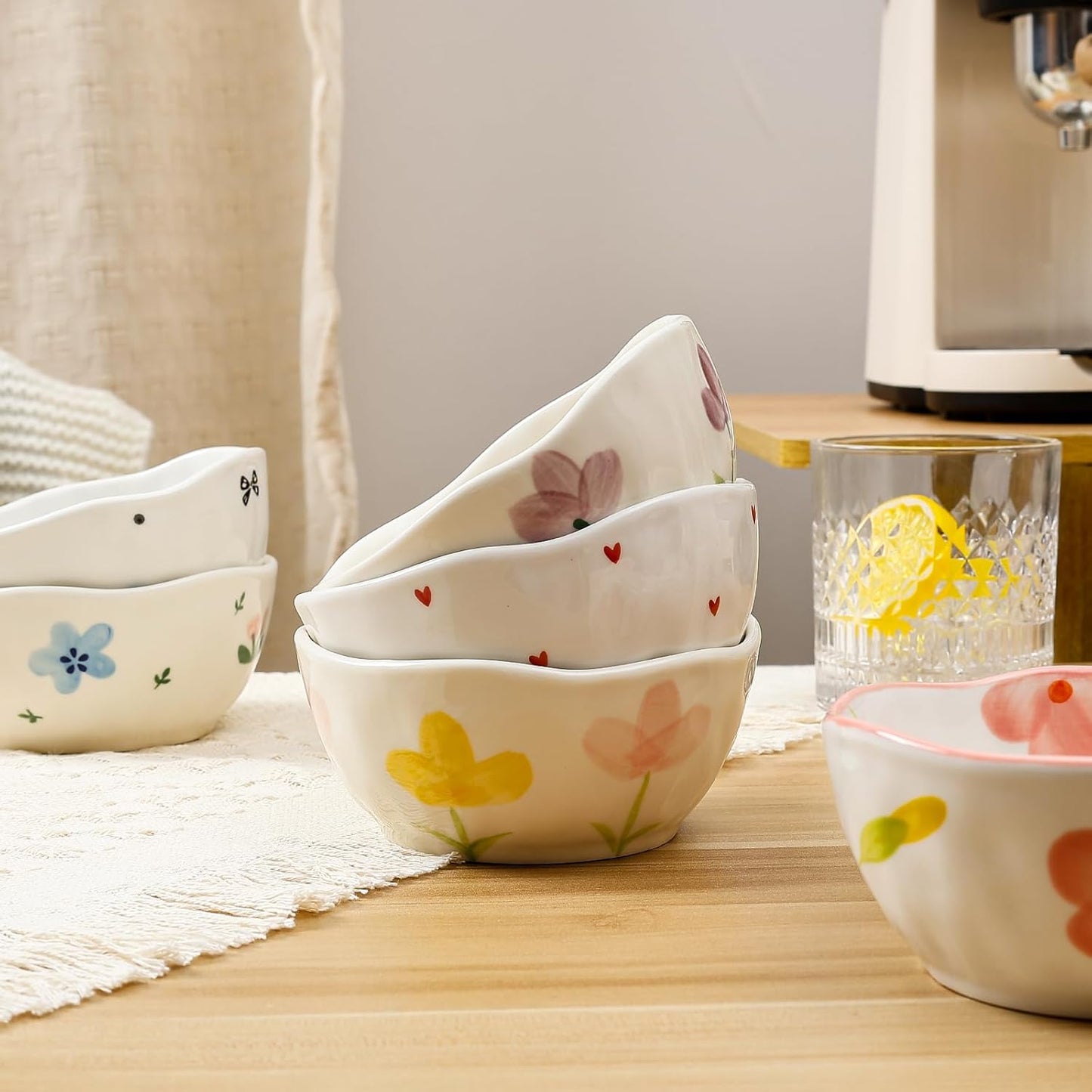 Koythin Ceramic Cereal Bowl, Cute Flowers Pattern Kitchen Bowls for Cereal, Salad, Pasta, Soup, Dessert, Serving, Home Decor, Microwave and Dishwasher Safe (Purple Tulip)