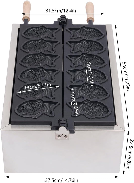 6Pcs Commercial Taiyaki Fish Waffle Maker 3000W Electric Nonstick Fish-Shaped Waffle Baker Machine for Family, Restaurants, Food Stores