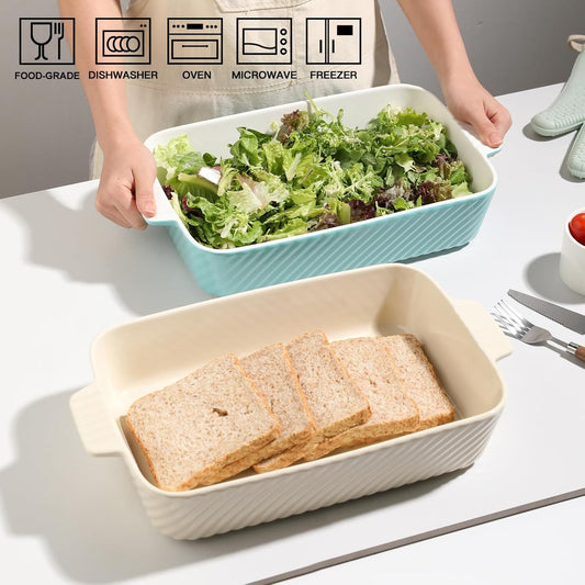 Sweejar Ceramic 13 x 9 Baking Pan, Cake Baking Dish for Brownie, Porcelain Striped Casserole Dishes for Oven with Handle for Lasagna, Family Dinner(Beige)