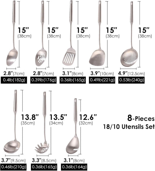 18/10 Stainless Steel Kitchen Utensils Set - 15” All Metal Cooking Tools & Serving Utensils, 8 PCS - Solid Spoon, Slotted Spoon, Spatula, Ladle, Skimmer, Tunner, Spaghetti Spoon, Large Spoon Set