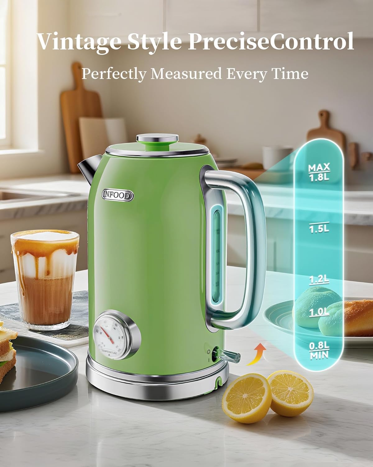 Retro Electric Kettle, 1.8L Hot Water Kettle Electric with Thermometer, 1200W Fast Heating Stainless Steel Tea Kettle for Boiling Water, Cordless, LED Indicator, Auto Shut-Off, Green