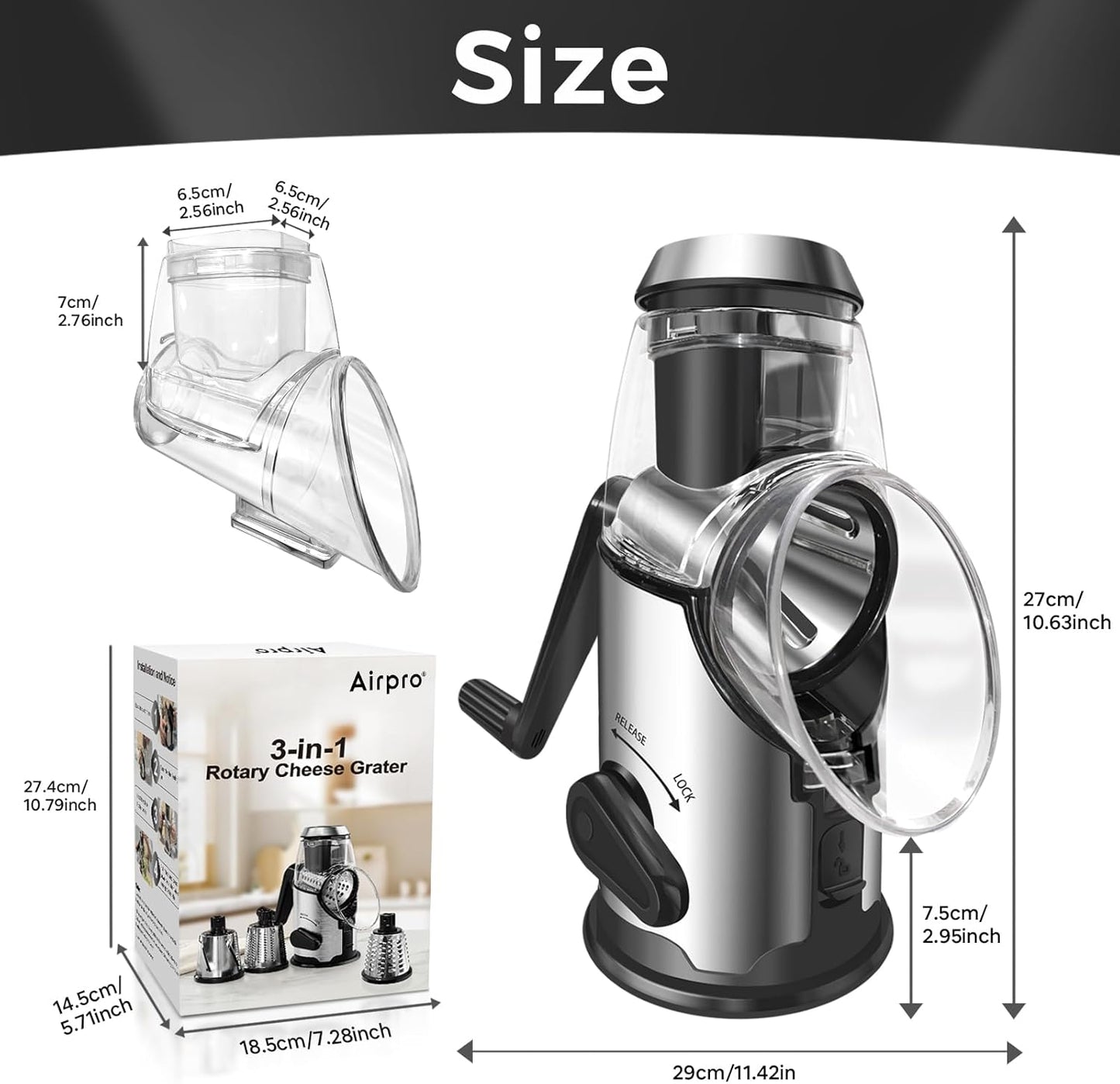 Airpro Rotary Cheese Grater with Handle - Vegetable Shredder with 3 Stainless Steel Blades & Strong Suction Base,Round Mandoline Slicer & Food Chopper for Kitchen