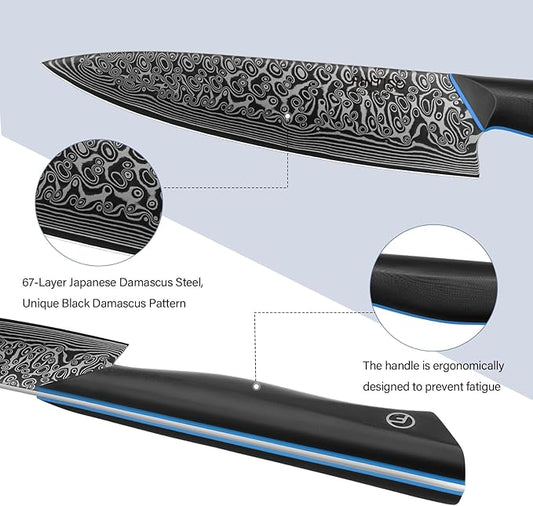 FINTISO Chef Knife 8 inch, 67-Layer Japanese Damascus Steel Kitchen Knife, Sharp Knife with G10 Handle, Professional Cooking Knives for Home and Kitchen