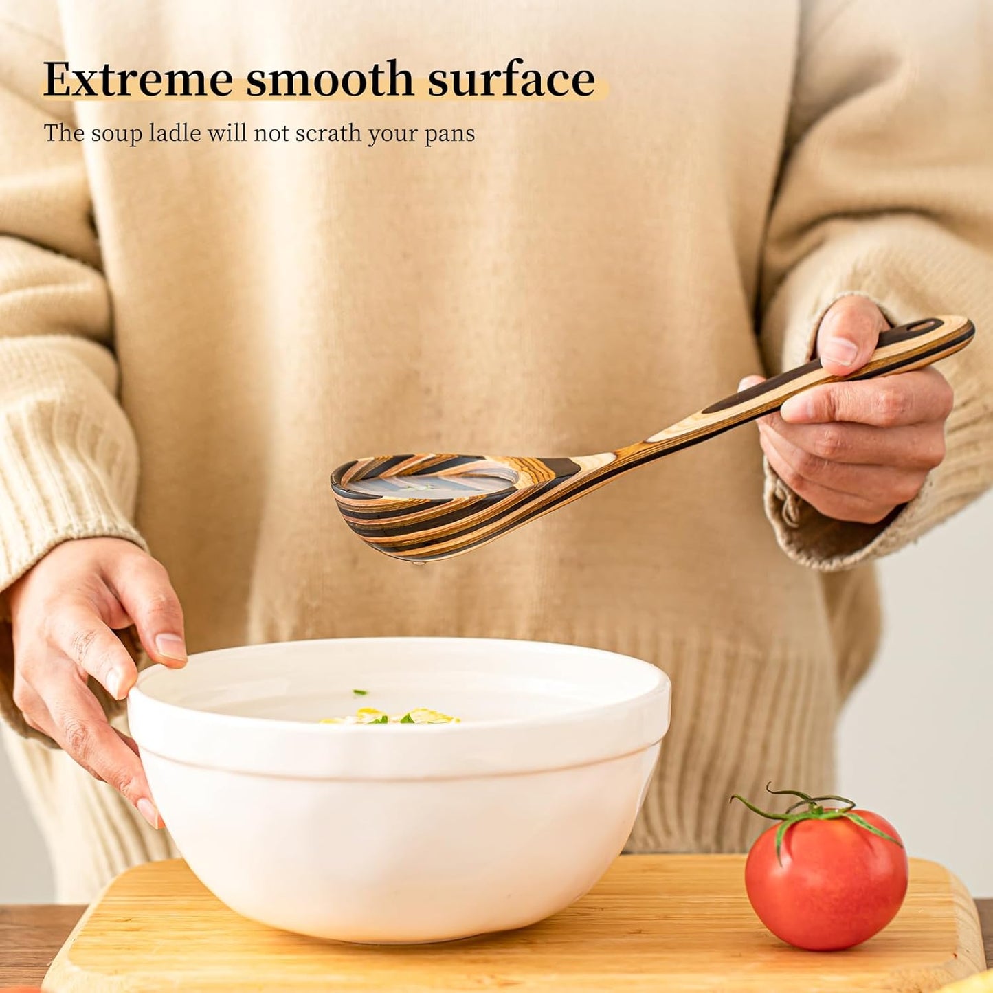 Gudamaye Pakkawood Deep Soup Ladles, 10.6 inch Big Wooden Ladle for Cooking, Wooden Kitchen Utensils Set