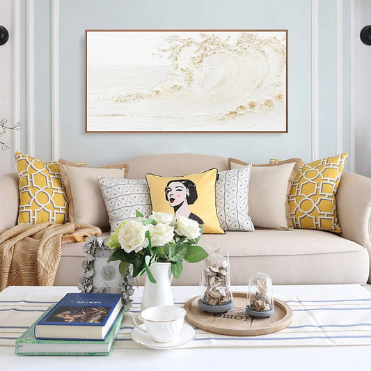 Framed Wall Art Wall Decor Nature Decor Canvas Hand Painted White Wave With Golden Embellishments Artwork Painting Picture For Living Room Bedroom Living Room And Office Wall Decor 24x48 Inch