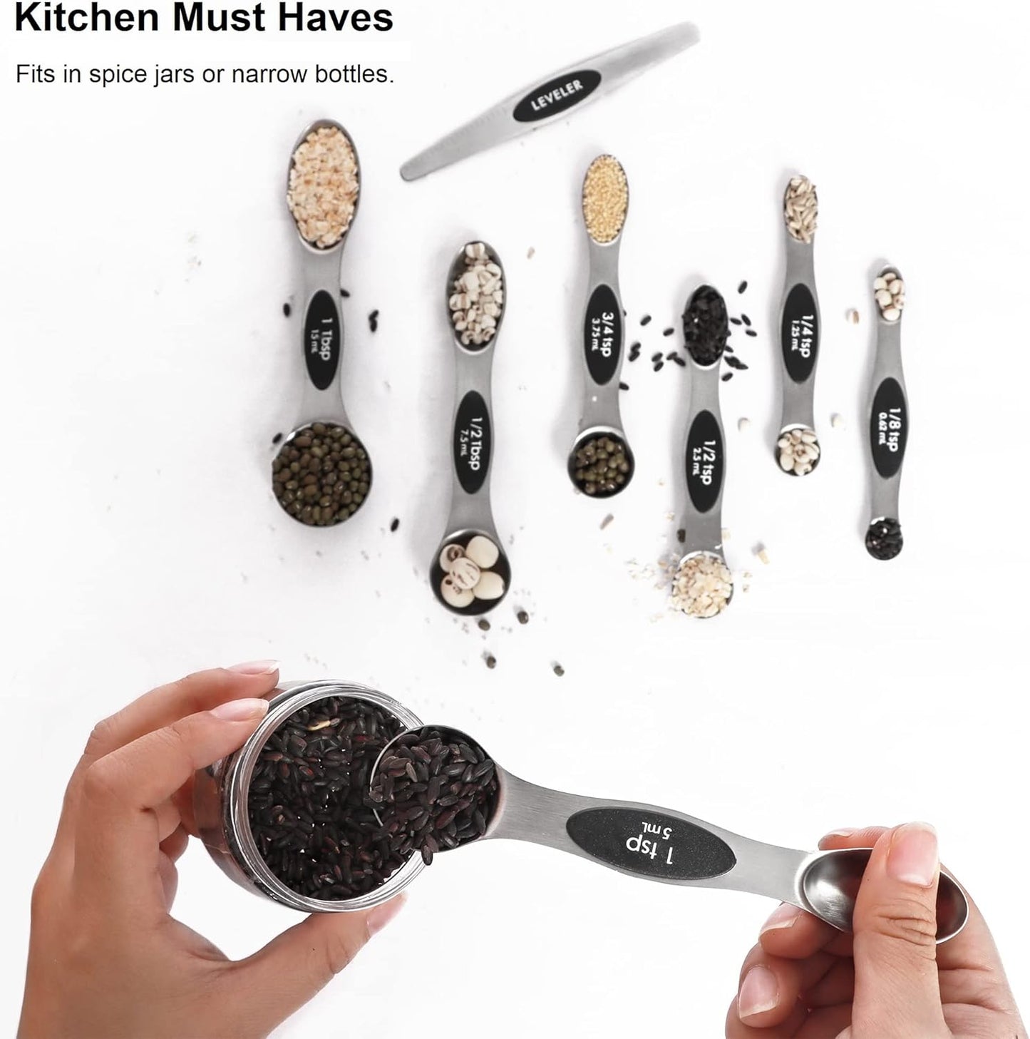 Magnetic Measuring Spoons Set with Leveler, Stackable Stainless Steel Tablespoons for Baking, Fits in Spice Jars