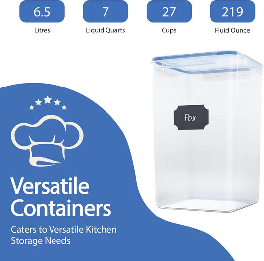 Chef's Path Extra Large Airtight Food Storage Containers with Blue Lid Color, Pack of 6, Kitchen and Pantry Canisters for Flour, Sugar, and Baking Supplies, Includes Measuring Spoons, Labels, and Pen