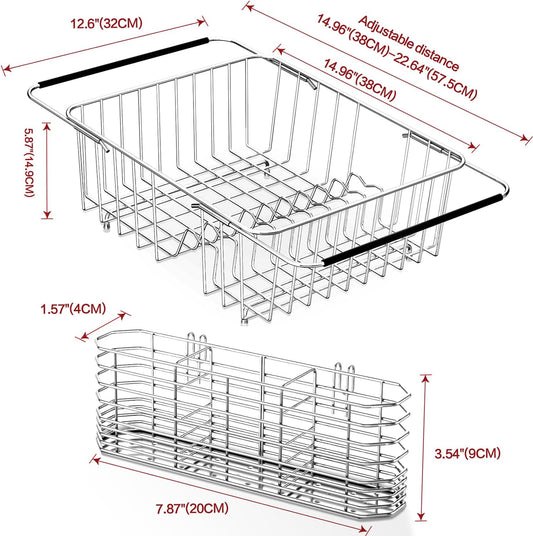 Large Sink Dish Drying Rack, Expandable 304 Stainless Steel Metal Dish Drainer Rack Organizer Shelves with Stainless Steel Utensil Holder Over Inside Sink, Rustproof