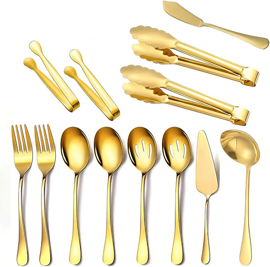 13 Piece Gold Large Serving Utensils, Stainless Steel Include Serving Spoons, Slotted Spoons, Forks, Serving Tongs, Soup Ladle, Pie Cake Server, Appetizers Tongs. Ideal for Buffets/Parties/Wedding