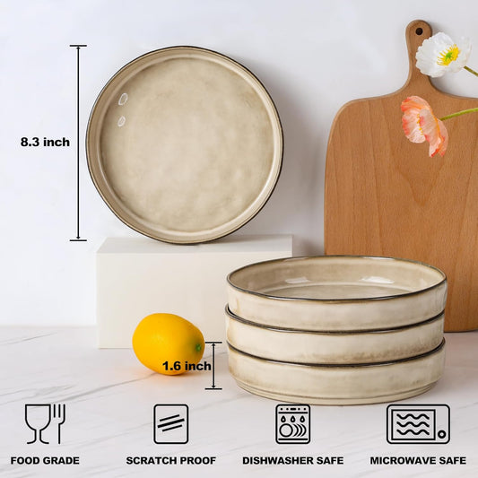 E-far Pasta Bowls Set of 4, 30oz Shallow Salad Bowls for Dinner Serving, 8.25" Stoneware Ceramic Bowl Plates for Noodle Soup, Microwave & Dishwasher Safe, Reactive Glaze, Khaki